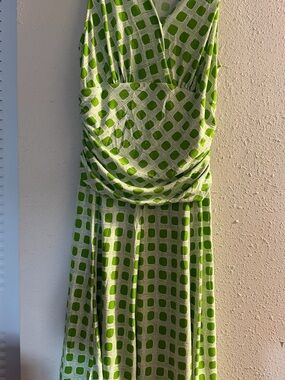 Sleeveless Lime Green Geometric Midi Dress with Draped Waist